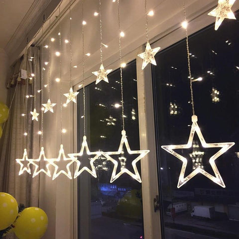 Image of 138 LED Star Window Curtain String Lights, 12 Stars 8 Modes Decorative Twinkle Stars Lights with Remote Control Lights for Indoor Outdoor