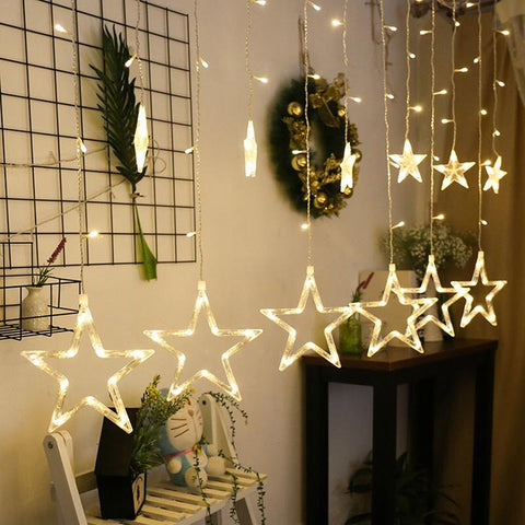 Image of 138 LED Star Window Curtain String Lights, 12 Stars 8 Modes Decorative Twinkle Stars Lights with Remote Control Lights for Indoor Outdoor